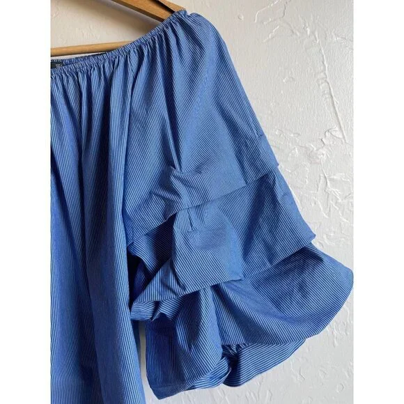 ZARA Woman Size Small Cobalt White Pinstripe Off the Shoulder Cropped Top - Picture 6 of 10